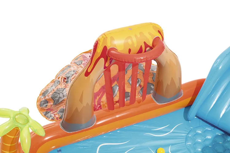 Inflatable Play Center Pool Seaside Water Play Center with Water Slide Coconut Palm Sprinkler Ball Toss Game Ring Toss Game