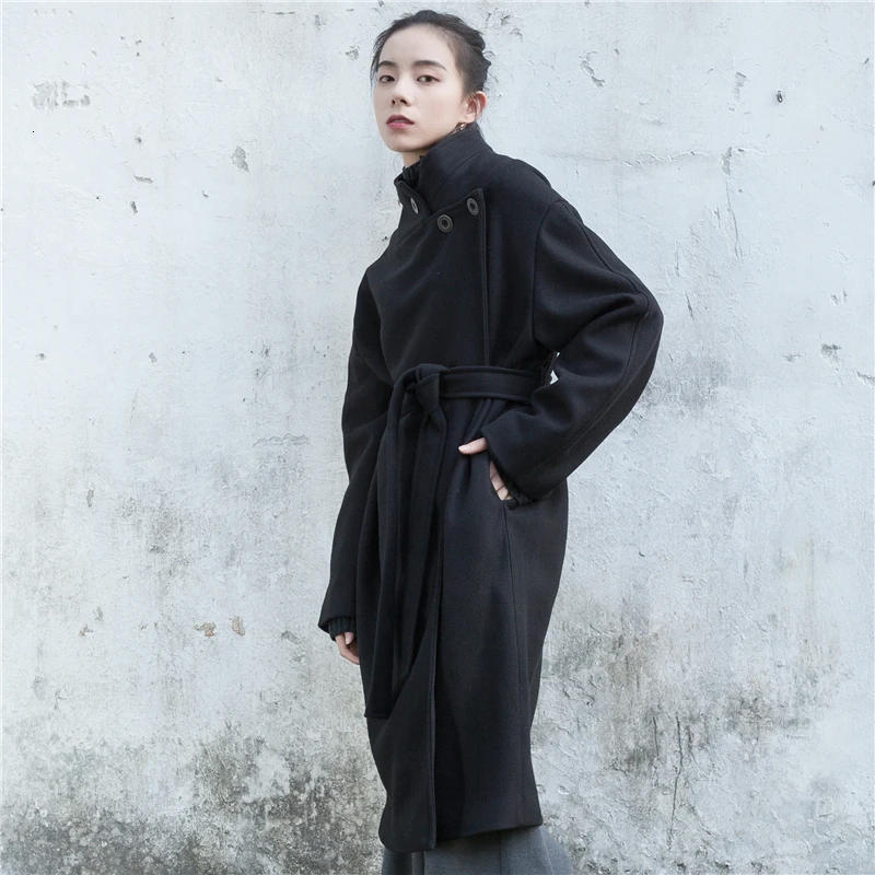 [LANMREM] 2020 Spring New Products Fashion Black Turtleneck Tie With Long Warmth Over The Knee Wool Coat PA195 | Женская одежда