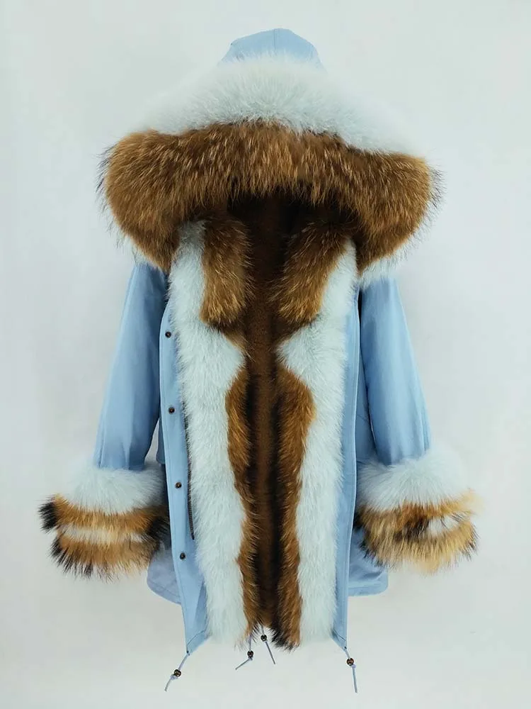 light blue 1 Зимняя куртка, Женское пальто из натурального меха енота, воротник из лисьего меха, капюшон с манжетами, Толстая теплая верхняя одежда, новая длинная парка - Цвет: light blue 1