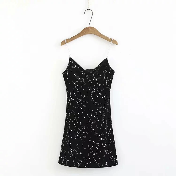 Платье женское летнее мини винтажное платье женское мини платье с вышивкой Созвездие сексуальное платье без рукавов с открытой спиной Vestidos - Цвет: Черный