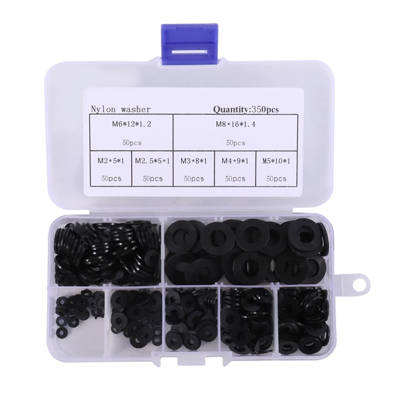 Nylon Flat Round Plastic Washer M2 M2.5 M3 M4 M5 M6 M8 Assortment Kit Black 350Pcs | Обустройство дома