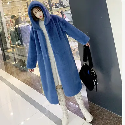 blue Зимнее женское высококачественное пальто из искусственного кроличьего меха роскошное длинное меховое пальто Свободное пальто с капюшоном толстое теплое плюшевое пальто больших размеров - Цвет: blue