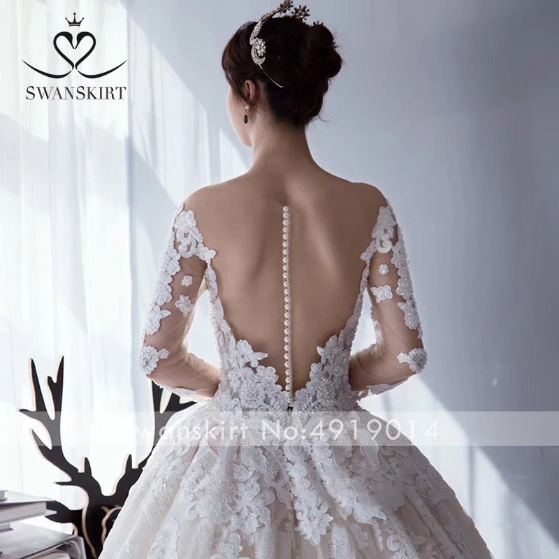 Роскошное Свадебное платье принцессы с бусинами; юбка-лебедка; SZ01; бальное платье с длинными рукавами и аппликацией; кружевное свадебное платье; Иллюзия; Vestido de novia