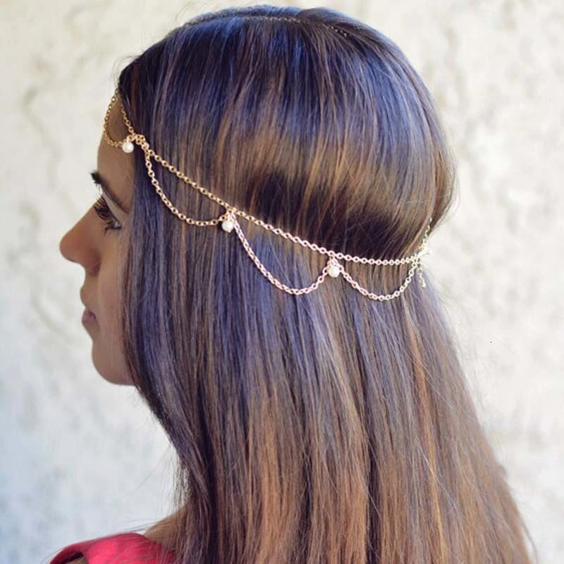 Accesorios para el de Boda nupcial con perlas de imitación para mujer, tocado con cadena, estilo indio, bohemio, a la moda|Joyería para cabello| - AliExpress