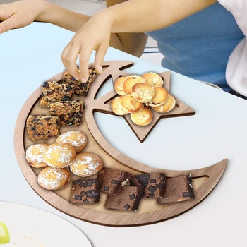 

Doughnut Dessert Tray Wooden Artistic Star Moon Food Fruit Serving Tray Treats Plate For Ramadan Eid Home Gathering Decoration