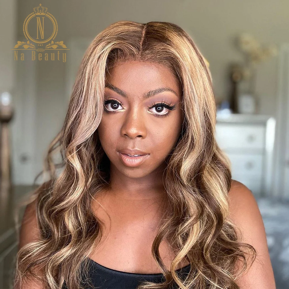 Frente do Laço Perucas de Cabelo Peruca de Renda Onda do Corpo Loira Destaque Humano Transparente Ombre Colorido Nameauty Remy 180 Densidade 13x4 hd 3 Apliques com cabelo humano
