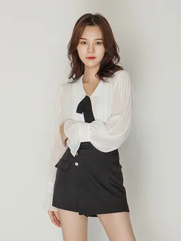 

2020 Summer Top korean doll collar white tops bows lantern sleeve women blouse solid color button up shirt elegant office blouse