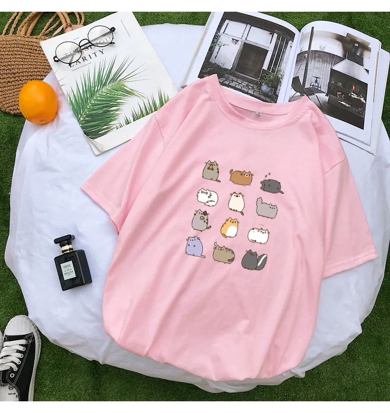 Best Friends T Shirt Women Summer Short Sleeve Loose Kawaii Cartoon Dante Cat Tee Shirt Femme Streetwear Casual Harajuku Clothes (12)