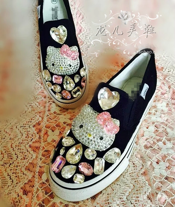 Стразы; обувь с украшением в виде кристаллов; женские кроссовки «хеллоо Китти»; милые кроссовки на платформе для девочек; Дизайнерская обувь ручной работы; оригинальная обувь «Китти Кэт»