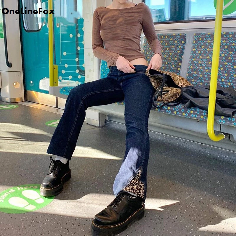 

OneLineFox Patchwork Leopard High Waist Jeans Pants Women Casual Blue Denim Long Trousers Ladies Fashion Streetwear Joggers 2020