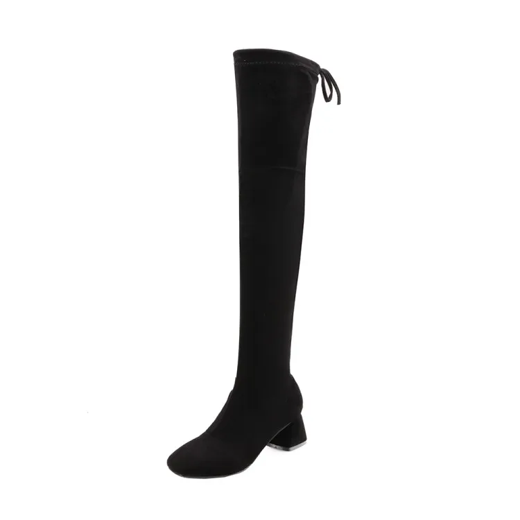 NASBAVI new Elastic Slim Fit Over The Knee Boots Women Winter thigh Lace up ladies mid heel Solid color long boot