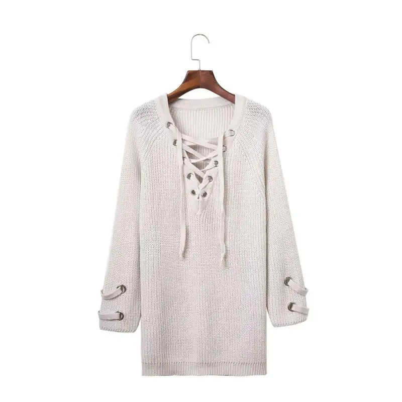 light grey Вязаный шерстяной женский свитер на шнуровке высокого качества с длинным рукавом, женские пуловеры средней длины, стильный вязаный свитер с v-образным вырезом - Цвет: light grey