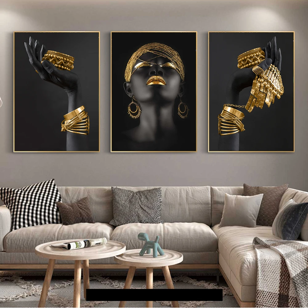 African Woman Holding Gold Jewelry Canvas Posters and Prints Black Models Art Paintings on the Wall Art Pictues For Living Room