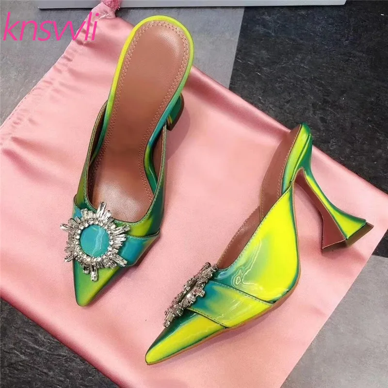 Knsvvli Sun Flowers Rhinestone Buckle Slippers Women Pointed Toe Satin Mules Shoes Women Wine Glass Heels Runway Shoes Woman - Color: green