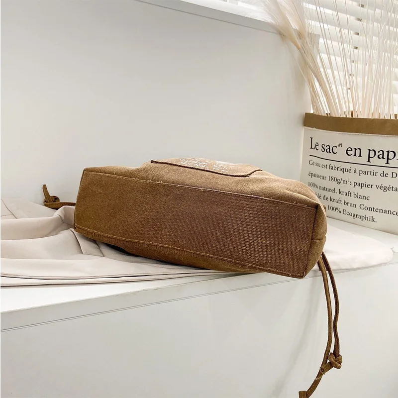 2021 Vintage Drawstring Bucket Bag Girls Solid Canvas Shoulder Bags Casual Letter Handbag For Women High Quality Tote Bag Gifts