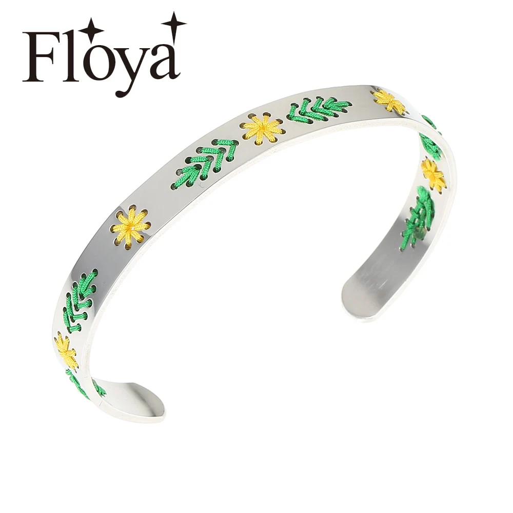 

Floya Flower Cuff Bangles Knit Stainless Steel Lovers Bracelets Ethnic Style Femme Personality Exquisite Women Flower Bangle