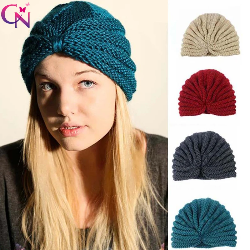 

CN Winter Knitted Warm Ear Turban Solid Handmade Elastic Headbands For Girls Womens Center Cross Knotted Hair Scarfs Muslim Hat