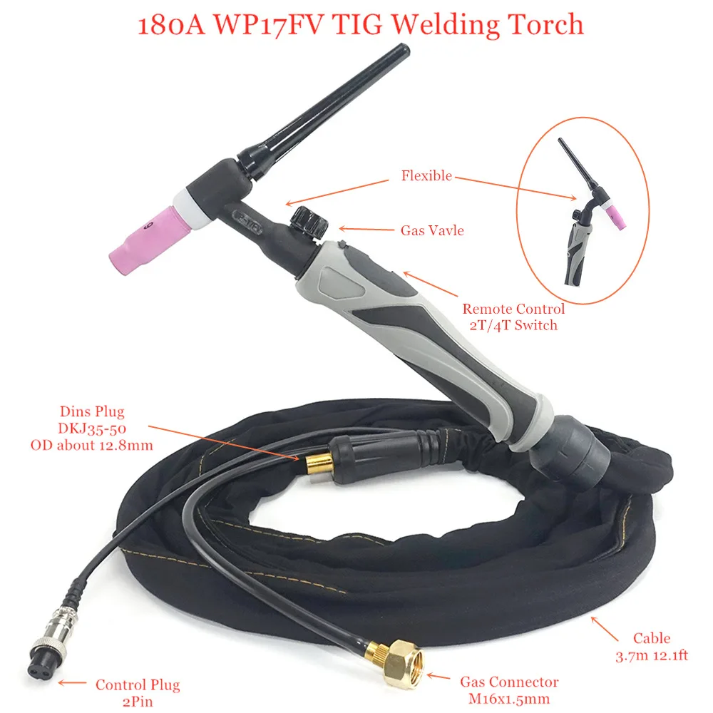 WP-17V Tig Torch Air Cooled Flex Head Tig Torch Valve Argon Arc Welding 140A 4m
