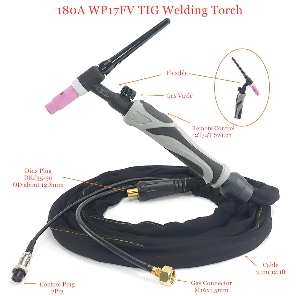 WP-17 Air-Cooled TIG Welding Torch 10FT 150-Amp Flexible Gas Valve Head Body WP-17 Air-Cooled TIG Welding Torch 10FT 150-Amp Flexible Gas Valve Head Body