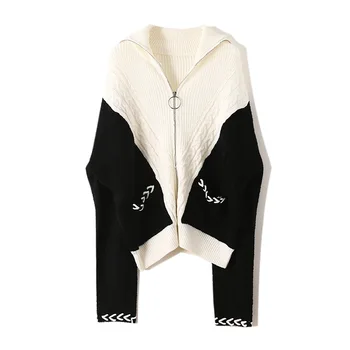 

Runway 2019 Autumn Women Cardigans Zipper Streetwear Patchwork Fake Two Piece Stand Collar Outerwear Coat Knitted Female Clothes
