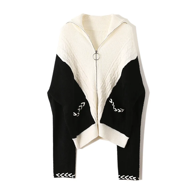 Best Price Runway 2019 Autumn Women Cardigans Zipper Streetwear Patchwork Fake Two Piece Stand Collar Outerwear Coat Knitted Female Clothes