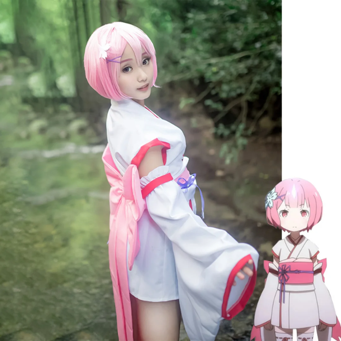 

Japanese Style Animation Derivatives for Anime Cosplay Costume for Ram&Rem Kimono Set with Socks - Pink Ram XL