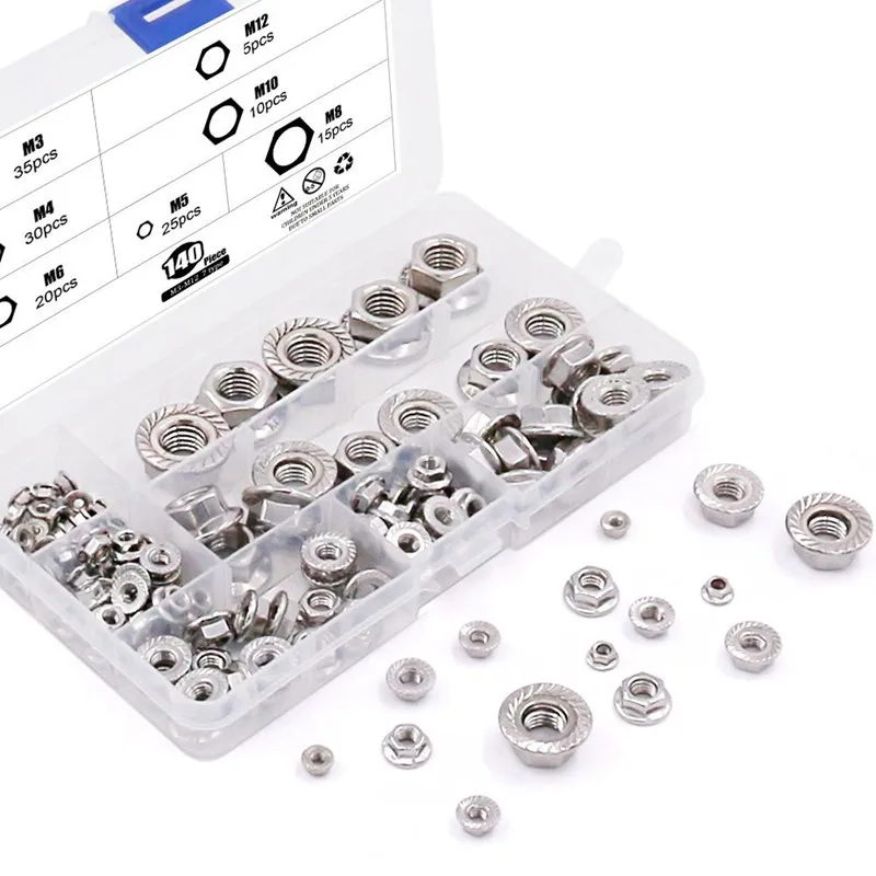 ELEG-140-Pcs M3 M4 m5 m6 m8 m10 m12 шестигранные фланцевые гайки Ассортимент Набор-304 нержавеющая сталь