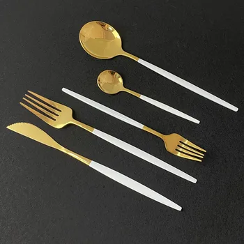 

White Gold 20Pcs Dinnerware Cutlery Set Knife Fork Teapoon Dinner Flatware Set 18/10 Stainless Steel Kitchen Silverware Set
