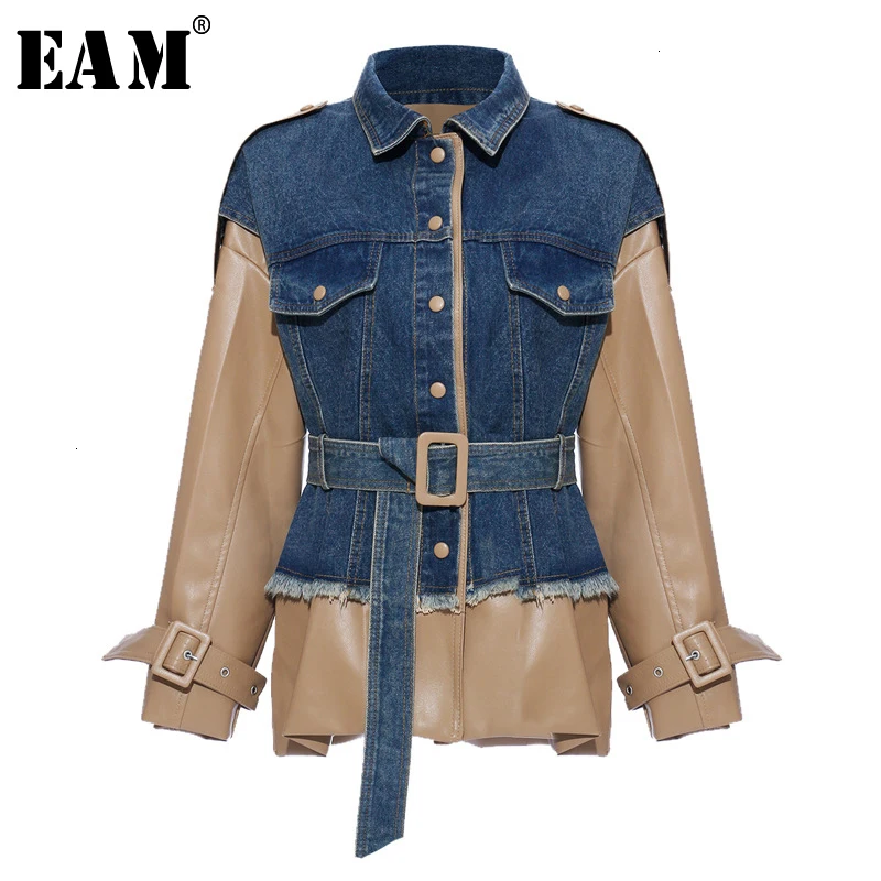 

[EAM] Loose Fit Khaki Denim Leather Split Big Size Jacket New Lapel Long Sleeve Women Coat Fashion Tide Autumn Winter 2020 1K922