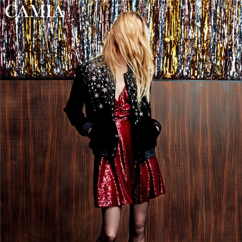 

CAMIA black star embroidered velvet jacket coat female 2019 winter women's jacket