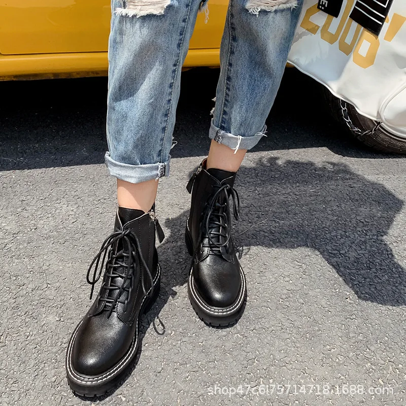 

Rock Shoes Woman Round Toe Women's Short Boot Lady Boots Zipper Clogs Platform Martins Mid-Calf Ladies Autumn Lolita Rubber Blac