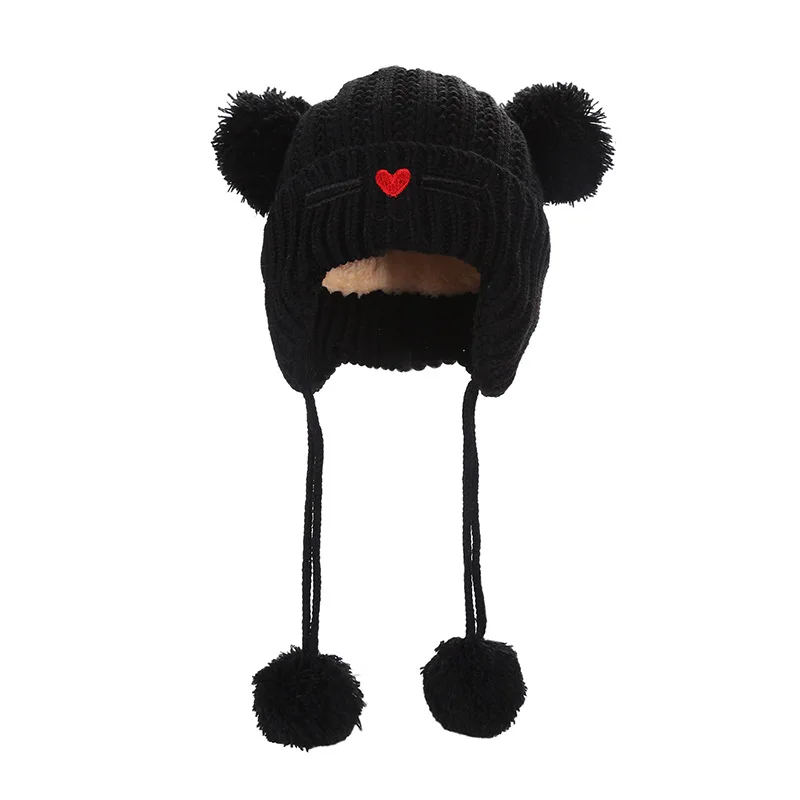 Детская вышивка мультяшного кота Beanie Зимняя Толстая вязаная теплая мягкая шапка с двойным помпоном для мальчиков и девочек, Кепка с ушами, шапочка для малышей - Цвет: Черный