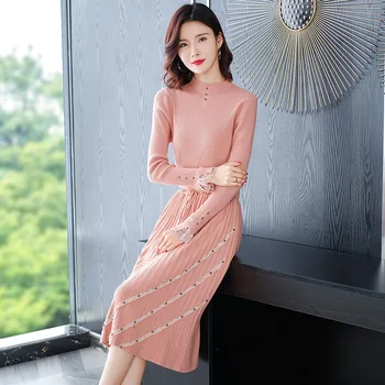 

Women Warm Sweater Dress Autumn Winter Elastic Soild Long Sleeve Casual A-line Knitting dress Female Patchwork Lace knit dress