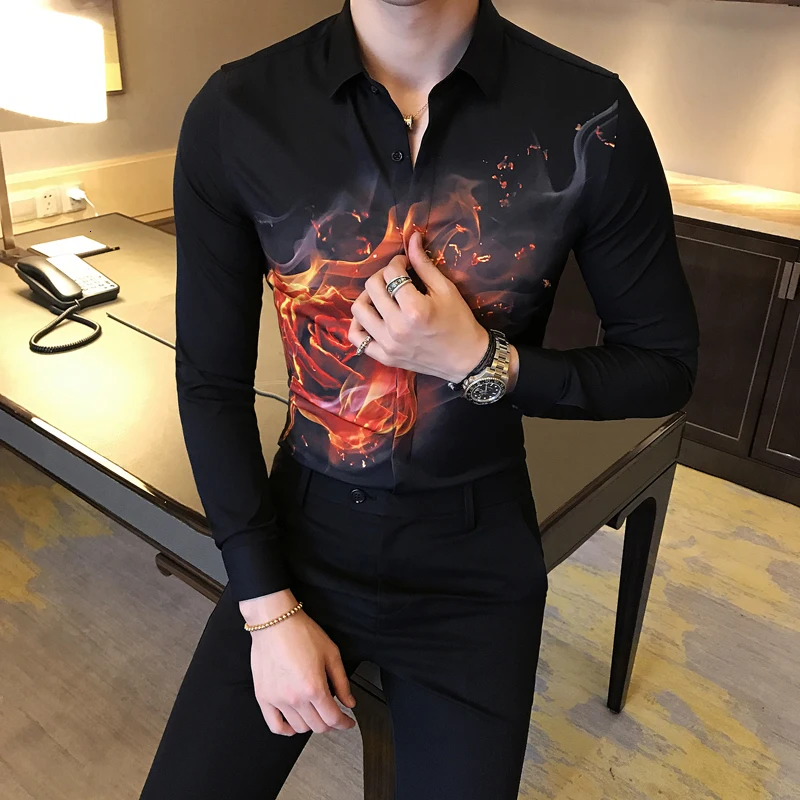

Designer Mens Shirts Casual Slim Fit Long Sleeve Streetwear Hawaiian Shirt Black Male Dress Tops Camisa Social Masculina