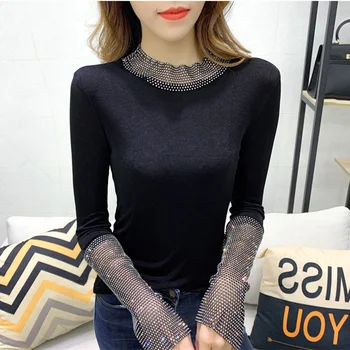 

2020 New Spring T-shirt Woman Fashion Diamond Long-Sleeve T-shirt Women's Slim-Fit High Collar Bottoming Shirt Plus Size T-shirt