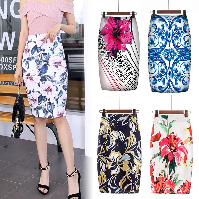 Digital Printing Vintage Flower Skirts For Women Lady Female Office Elegant Casual Fashion Skirt Faldas Mujer Moda Jupe Femme