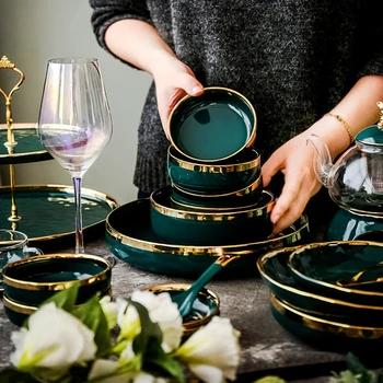 

KINGLANG 1/2/4/6 Person Use Dinnerware Set Klin Green Ceramic Golden Tableware Plate Dish Set Bowl