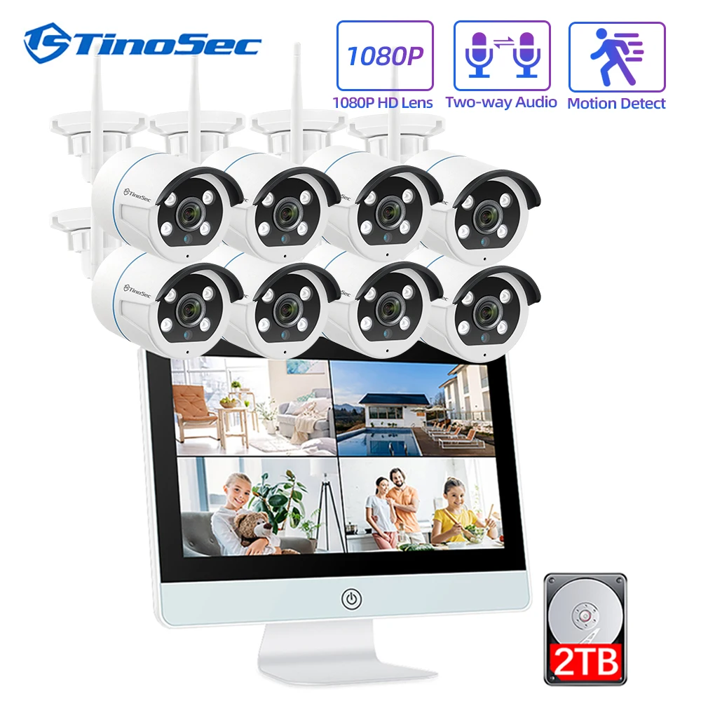 TinoSec 8CH HD 1080P Беспроводной NVR комплект 12 дюймов LCD все один двухстороннее аудио P2P WiFi