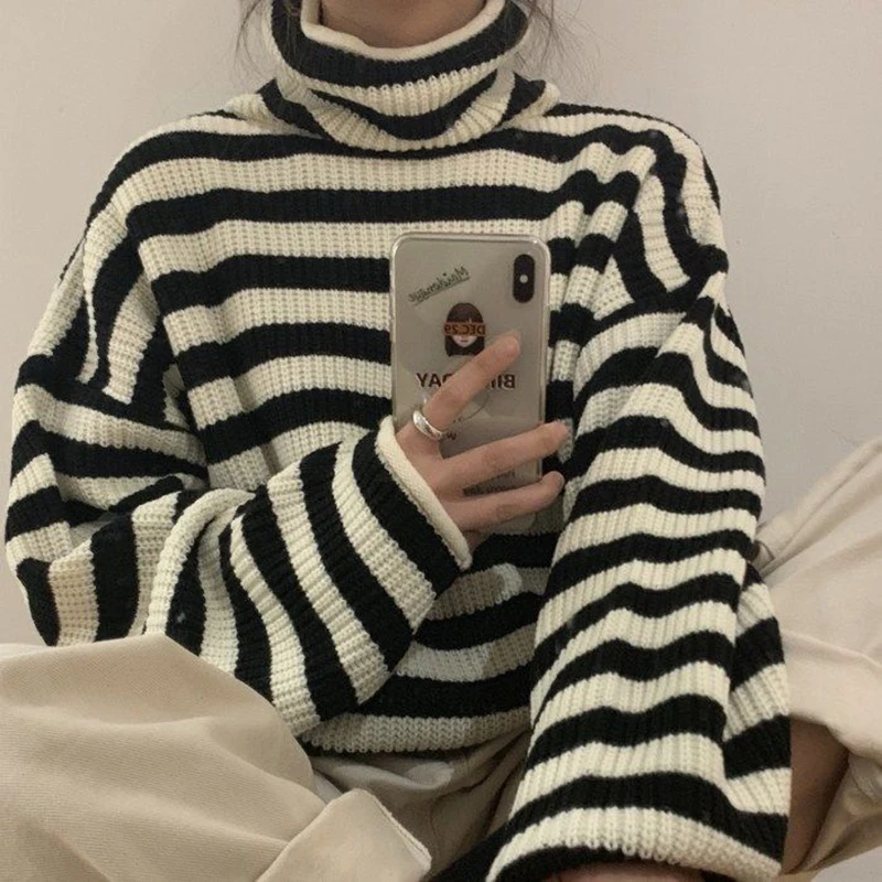 Knit Sweater Turtleneck Harajuku Vintage Striped Winter Women Loose Warm Thickening New
