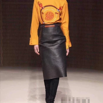 

Women 100% Natural Genuine Leather 2020 Fashion Real Sheepskin Female Long High Waist Skirt