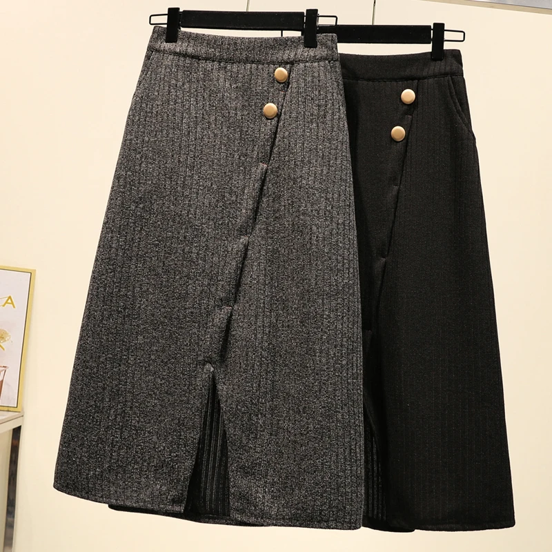

Knitted Skirts Womens Autumn Winter Plus Size Thicken Pockets A-line High Waist Loose Split Long Sweater Skirt