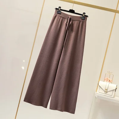 New Autumn Winter Thick Knitted Wide Leg Pants Female Drawstring Loose High Waist Slim Pants 3 Colors Casual Trousers - Цвет: coffee