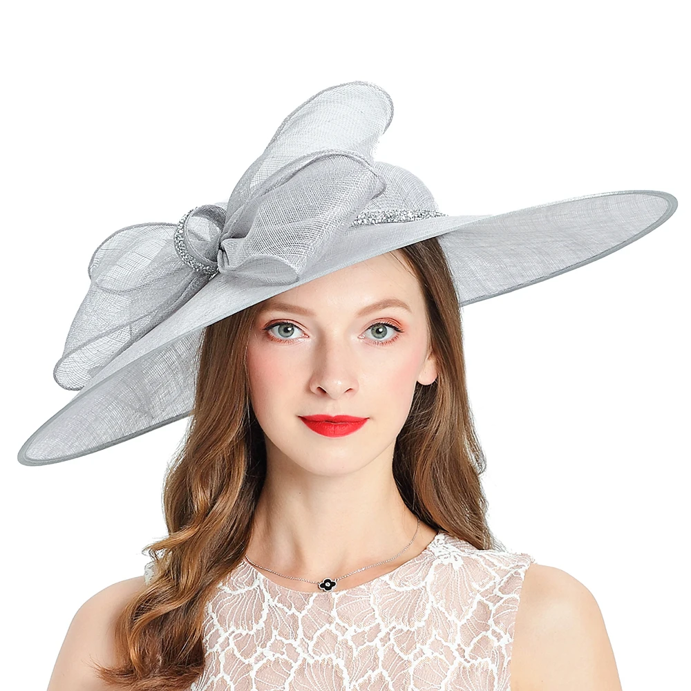 Серый Elegant Woman Hat Linen Fedora Royal Wedding Cap for Church Tea Party Fascinator Gray Hats for Brides Wide Brim Bow Big Top Hats - Цвет: Серый