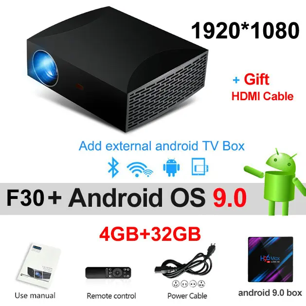 f30 android 9.0 32G Vivicine F30 1920X1080 Full HD проектор, HDMI USB PC 1080p светодиодный домашний мультимедийный видеопроектор - Цвет: f30 android 9.0 32G