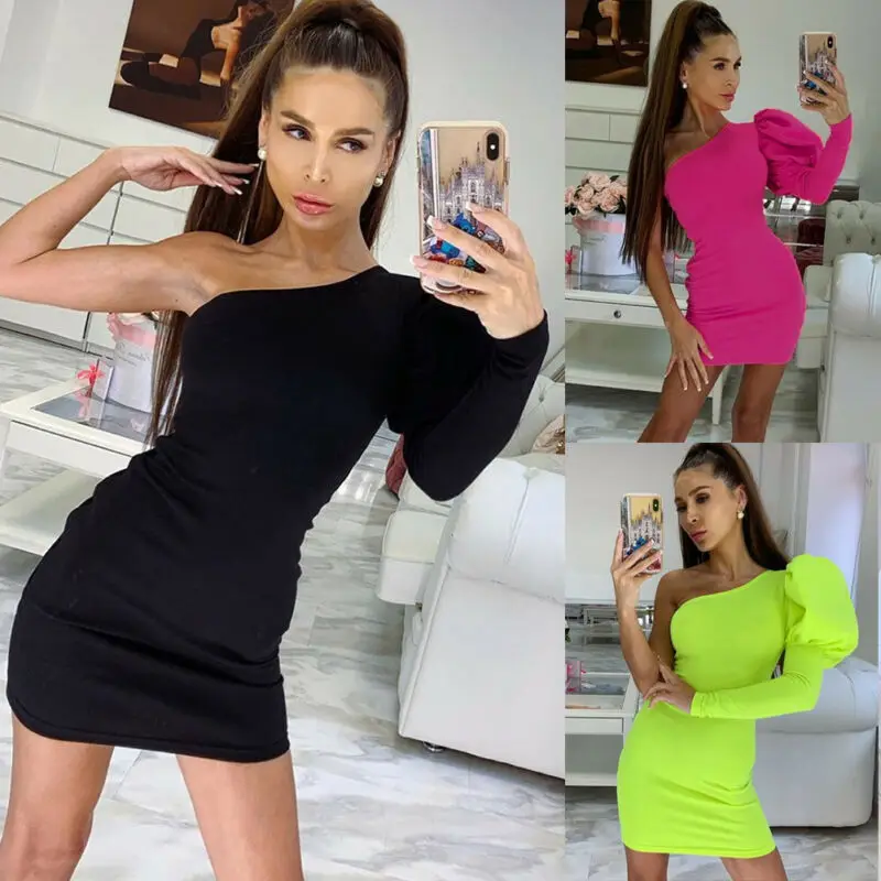 Fashion Women Party Dress Solid One Shoulder Puff Sleeve Dress Bodycon Mini Party Dress Female Slim unique Club Wear Vestito