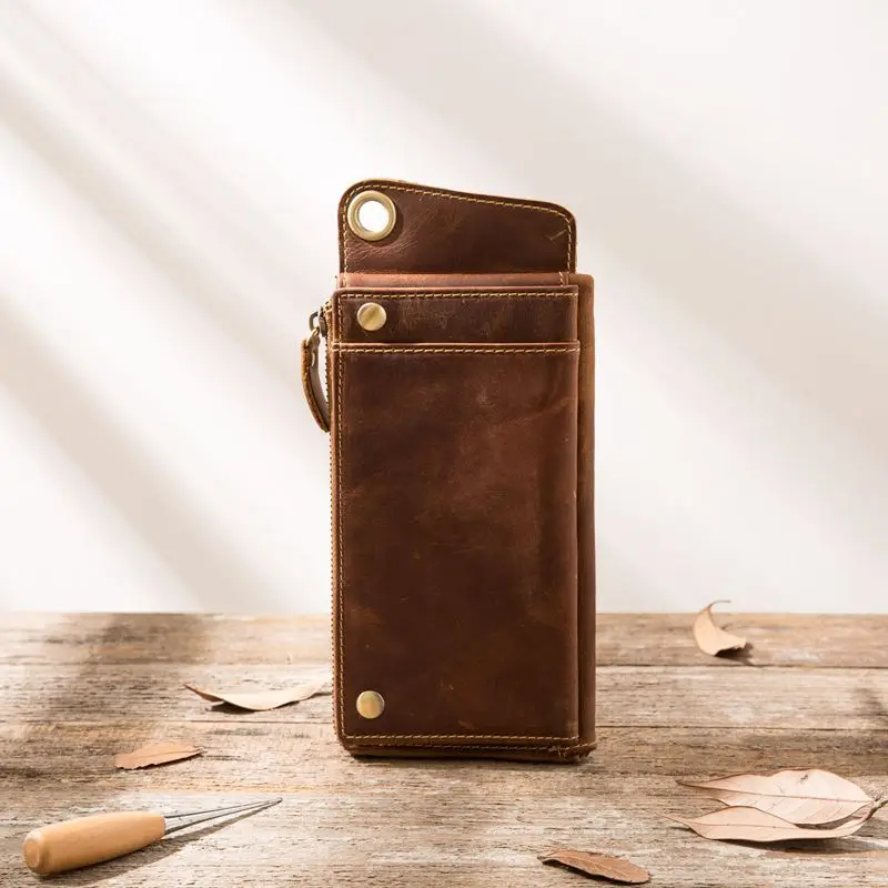 Light brown Handmade Cowhide Long Wallets Retro Made Old Multi-card Bag Men's Handbag Genuine Leather Large Capacity Zipper Purse Clutch Bag - Цвет: Light brown