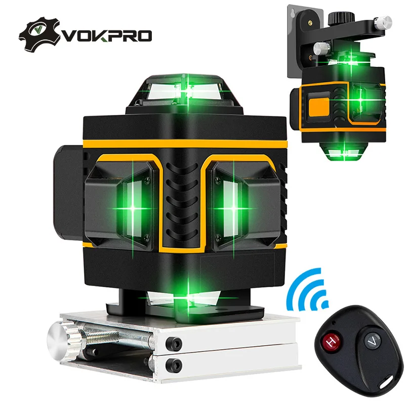 

16/12 Lines 4D Green Laser Level Self-Leveling Wireless Remote 360 Horizontal & Vertical Cross Lines With Battery & Wall Bracket