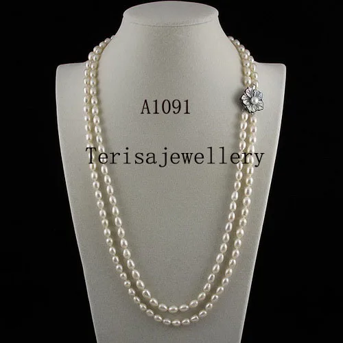 

Wedding Pearl Necklace 2 Rows White Color Rice AA 6-7MM Genuine Freshwater Pearl Shell Flower Clasp Charming Women Jewelry