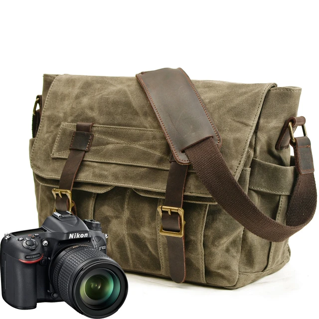 Leather Canvas Camera Bag Vintage DSLR SLR Messenger Shoulder Bag