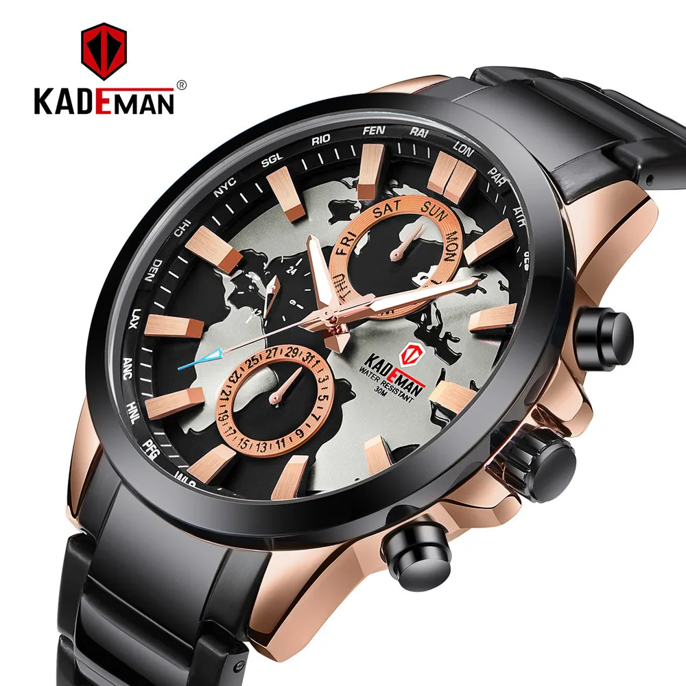 

KADEMAN Top Brand Luxury Fashion Men Quartz Watch Calendar Auto Date World Map Casual Business Male Wristwatch Relogio Masculino